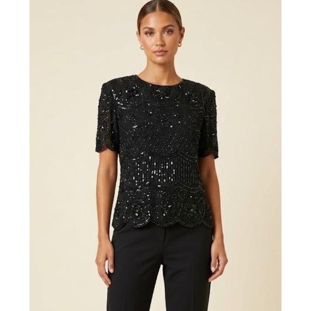VTG Stenay Beaded Silk Top Womens Large Black Sequin Scalloped Evening Blouse